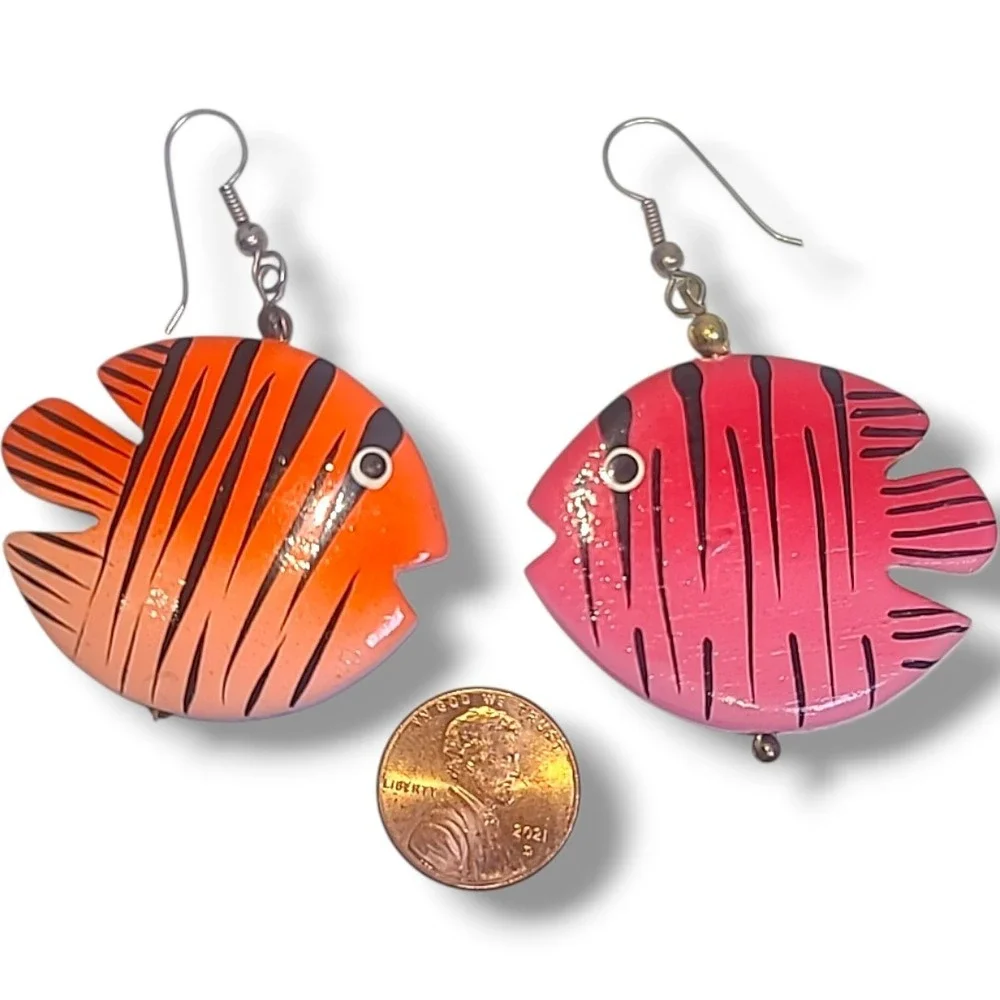 Vintage Colorful Wooden Fish Dangle Earrings Hand‎ Painted Tropical Boho
